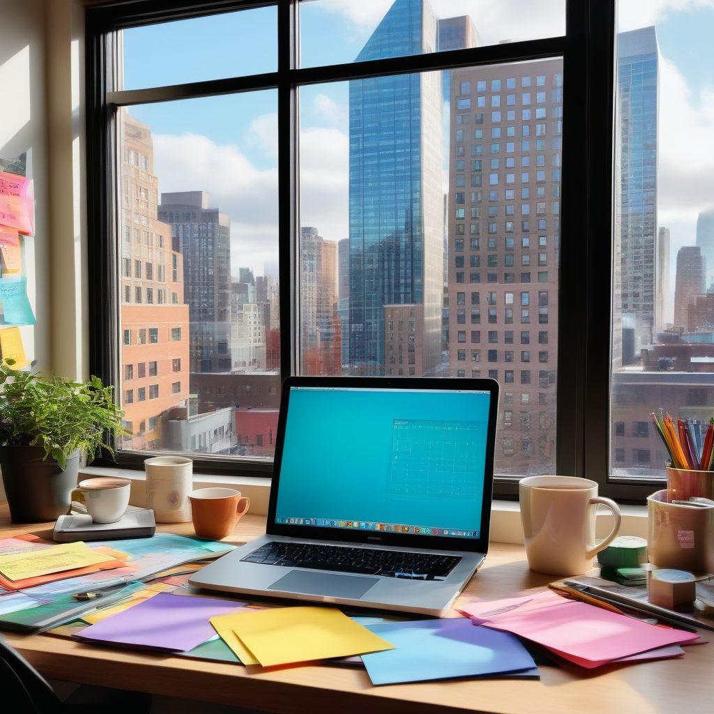 A creative workspace featuring a laptop open with a blog page, various colorful sticky notes with tips on blogging, a cup of coffee, and art supplies scattered artistically around. In the background, a bright window reveals a cityscape to symbolize modernity. The atmosphere is inspiring and productive, embodying the spirit of content creation. super-realistic. vibrant colors. cozy background.