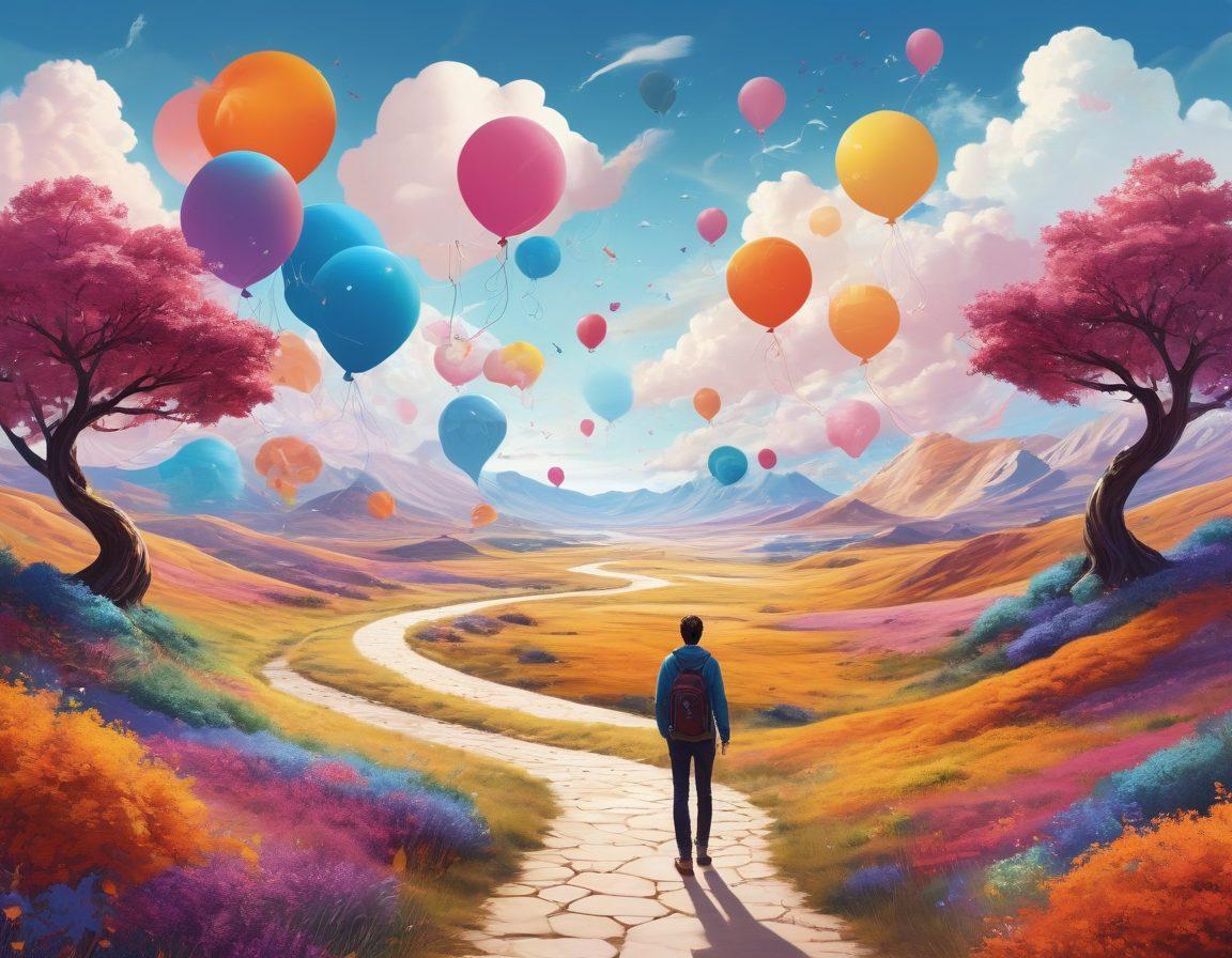A vibrant landscape depicting a person standing at a crossroads, with paths made of colorful ideas and engagement symbols swirling around them. In the sky, thought bubbles filled with diverse blog topics float above, symbolizing creativity and inspiration. The background features abstract representations of digital engagement, like likes, shares, and comments, creating a dynamic atmosphere. The colors should be bright and inviting, emphasizing confidence and exploration. super-realistic. vibrant colors. digital art.